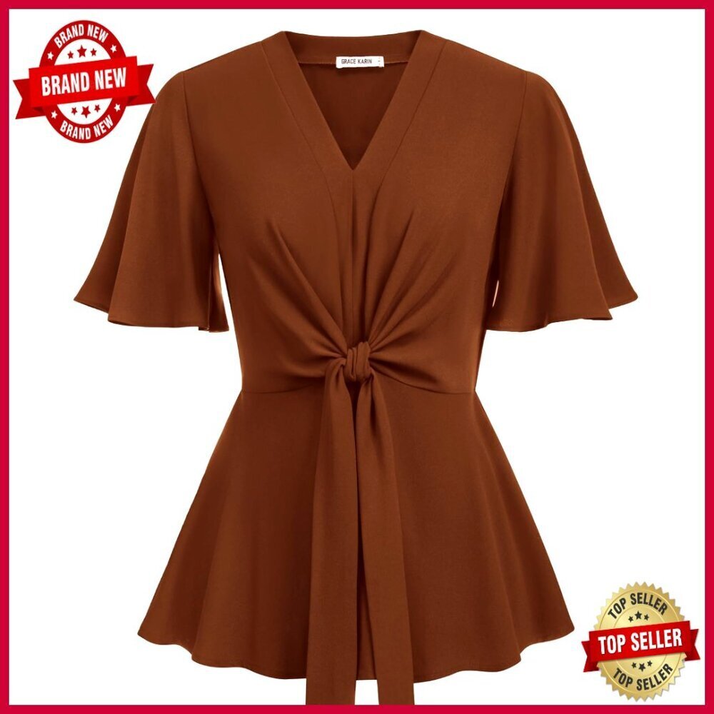 Elegant V-Neck Peplum Top Bell Sleeve Blouse Slim Fit Polyester Blend